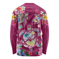 Hawaiian Turtles and Tropical Plants Long Sleeve Shirt Pink Watercolor