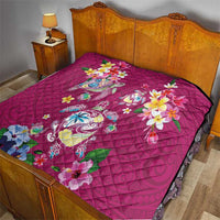 Hawaiian Turtles and Tropical Plants Quilt Pink Watercolor