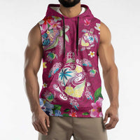 Hawaiian Turtles and Tropical Plants Sleeveless Hoodie Pink Watercolor