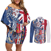 Hawaiian Manta Ray and Turtle Tribal Tattoo Couples Matching Off Shoulder Short Dress and Long Sleeve Button Shirt With Hawaii Flag and Flowers LT03 Multicolor - Polynesian Pride