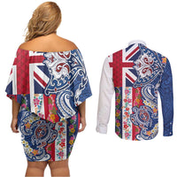 Hawaiian Manta Ray and Turtle Tribal Tattoo Couples Matching Off Shoulder Short Dress and Long Sleeve Button Shirt With Hawaii Flag and Flowers LT03 - Polynesian Pride