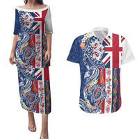 Hawaiian Manta Ray and Turtle Tribal Tattoo Couples Matching Puletasi and Hawaiian Shirt With Hawaii Flag and Flowers LT03 Multicolor - Polynesian Pride