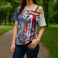 Hawaiian Manta Ray and Turtle Tribal Tattoo Cross Shoulder Shirt With Hawaii Flag and Flowers LT03 - Polynesian Pride