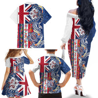 Hawaiian Manta Ray and Turtle Tribal Tattoo Family Matching Off The Shoulder Long Sleeve Dress and Hawaiian Shirt With Hawaii Flag and Flowers LT03 - Polynesian Pride