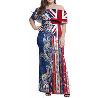 Hawaiian Manta Ray and Turtle Tribal Tattoo Family Matching Off Shoulder Maxi Dress and Hawaiian Shirt With Hawaii Flag and Flowers LT03 Mom's Dress Multicolor - Polynesian Pride