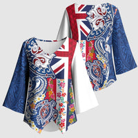 Hawaiian Manta Ray and Turtle Tribal Tattoo Kimono Sleeve Blouse With Hawaii Flag and Flowers LT03 - Polynesian Pride