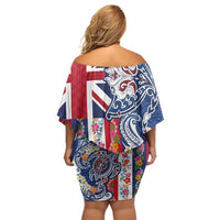 Hawaiian Manta Ray and Turtle Tribal Tattoo Off Shoulder Short Dress With Hawaii Flag and Flowers LT03 - Polynesian Pride