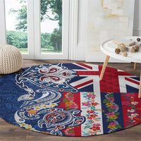 Hawaiian Manta Ray and Turtle Tribal Tattoo Round Carpet With Hawaii Flag and Flowers