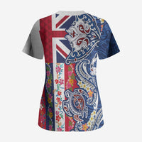 Hawaiian Manta Ray and Turtle Tribal Tattoo Scrub Top With Hawaii Flag and Flowers