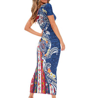 Hawaiian Manta Ray and Turtle Tribal Tattoo Short Sleeve Bodycon Dress With Hawaii Flag and Flowers LT03 - Polynesian Pride