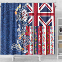 Hawaiian Manta Ray and Turtle Tribal Tattoo Shower Curtain With Hawaii Flag and Flowers LT03 - Polynesian Pride