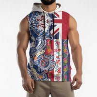 Hawaiian Manta Ray and Turtle Tribal Tattoo Sleeveless Hoodie With Hawaii Flag and Flowers LT03 - Polynesian Pride