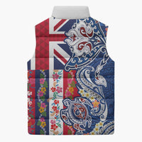Hawaiian Manta Ray and Turtle Tribal Tattoo Sleeveless Puffer Jacket With Hawaii Flag and Flowers
