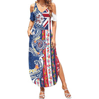 Hawaiian Manta Ray and Turtle Tribal Tattoo Summer Maxi Dress With Hawaii Flag and Flowers LT03 Women Multicolor - Polynesian Pride