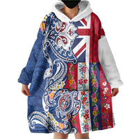 Hawaiian Manta Ray and Turtle Tribal Tattoo Wearable Blanket Hoodie With Hawaii Flag and Flowers LT03 - Polynesian Pride