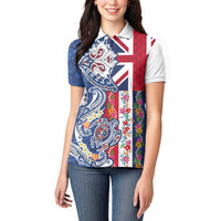 Hawaiian Manta Ray and Turtle Tribal Tattoo Women Polo Shirt With Hawaii Flag and Flowers LT03 - Polynesian Pride