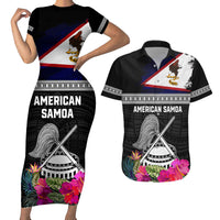 Personalized American Samoa Flag Day Couples Matching Short Sleeve Bodycon Dress and Hawaiian Shirt Tanoa and Fue mix Hibiscus Flower Polynesian Pattern LT03 Black - Polynesian Pride