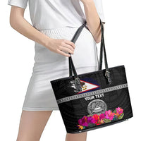 Personalized American Samoa Flag Day Leather Tote Bag Tanoa and Fue mix Hibiscus Flower Polynesian Pattern