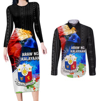 Philippines Independence Day Couples Matching Long Sleeve Bodycon Dress and Long Sleeve Button Shirt Philippines Eagle and Sampaguita Jasmine Yakan Tribal LT03 Black - Polynesian Pride