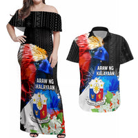 Philippines Independence Day Couples Matching Off Shoulder Maxi Dress and Hawaiian Shirt Philippines Eagle and Sampaguita Jasmine Yakan Tribal LT03 Black - Polynesian Pride