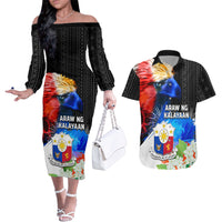 Philippines Independence Day Couples Matching Off The Shoulder Long Sleeve Dress and Hawaiian Shirt Philippines Eagle and Sampaguita Jasmine Yakan Tribal LT03 Black - Polynesian Pride