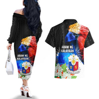 Philippines Independence Day Couples Matching Off The Shoulder Long Sleeve Dress and Hawaiian Shirt Philippines Eagle and Sampaguita Jasmine Yakan Tribal LT03 - Polynesian Pride