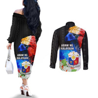 Philippines Independence Day Couples Matching Off The Shoulder Long Sleeve Dress and Long Sleeve Button Shirt Philippines Eagle and Sampaguita Jasmine Yakan Tribal LT03 - Polynesian Pride