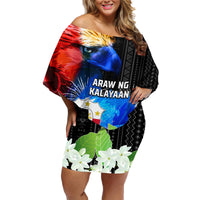 Philippines Independence Day Family Matching Off Shoulder Short Dress and Hawaiian Shirt Philippines Eagle and Sampaguita Jasmine Yakan Tribal LT03 Mom's Dress Black - Polynesian Pride
