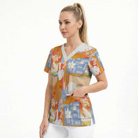 Hawaiian and Japanese Culture Together Scrub Top Palaka Japanese Art and Tropical Motif Tribal Patchwork LT03 - Polynesian Pride
