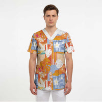 Hawaiian and Japanese Culture Together Scrub Top Palaka Japanese Art and Tropical Motif Tribal Patchwork LT03 - Polynesian Pride