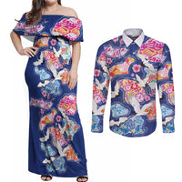 Hawaiian and Japanese Culture Together Couples Matching Off Shoulder Maxi Dress and Long Sleeve Button Shirt Hawaiian Archipelago Shape Sea Animals LT03 Multicolor - Polynesian Pride