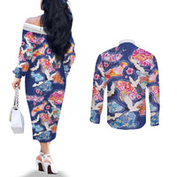 Hawaiian and Japanese Culture Together Couples Matching Off The Shoulder Long Sleeve Dress and Long Sleeve Button Shirt Hawaiian Archipelago Shape Sea Animals LT03 - Polynesian Pride