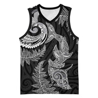 New Zealand Sea Animals with Maori Tribal Tattoo Basketball Jersey Shark Manta Ray with Silver Fern Black LT03 Unisex Black - Polynesian Pride