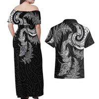 New Zealand Sea Animals with Maori Tribal Tattoo Couples Matching Off Shoulder Maxi Dress and Hawaiian Shirt Shark Manta Ray with Silver Fern Black LT03 - Polynesian Pride