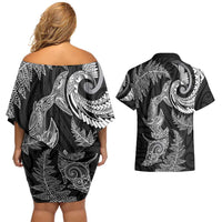 New Zealand Sea Animals with Maori Tribal Tattoo Couples Matching Off Shoulder Short Dress and Hawaiian Shirt Shark Manta Ray with Silver Fern Black LT03 - Polynesian Pride