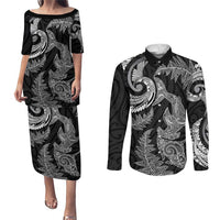 New Zealand Sea Animals with Maori Tribal Tattoo Couples Matching Puletasi and Long Sleeve Button Shirt Shark Manta Ray with Silver Fern Black LT03 Black - Polynesian Pride