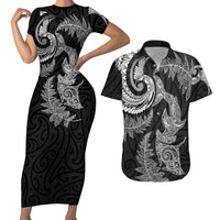 New Zealand Sea Animals with Maori Tribal Tattoo Couples Matching Short Sleeve Bodycon Dress and Hawaiian Shirt Shark Manta Ray with Silver Fern Black LT03 Black - Polynesian Pride