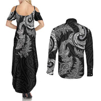 New Zealand Sea Animals with Maori Tribal Tattoo Couples Matching Summer Maxi Dress and Long Sleeve Button Shirt Shark Manta Ray with Silver Fern Black LT03 - Polynesian Pride