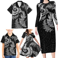 New Zealand Sea Animals with Maori Tribal Tattoo Family Matching Long Sleeve Bodycon Dress and Hawaiian Shirt Shark Manta Ray with Silver Fern Black LT03 - Polynesian Pride