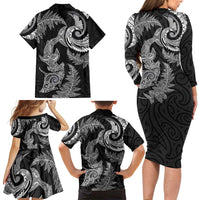 New Zealand Sea Animals with Maori Tribal Tattoo Family Matching Long Sleeve Bodycon Dress and Hawaiian Shirt Shark Manta Ray with Silver Fern Black LT03 - Polynesian Pride