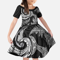 New Zealand Sea Animals with Maori Tribal Tattoo Family Matching Puletasi and Hawaiian Shirt Shark Manta Ray with Silver Fern Black LT03 Daughter's Dress Black - Polynesian Pride