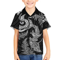 New Zealand Sea Animals with Maori Tribal Tattoo Family Matching Summer Maxi Dress and Hawaiian Shirt Shark Manta Ray with Silver Fern Black LT03 Son's Shirt Black - Polynesian Pride