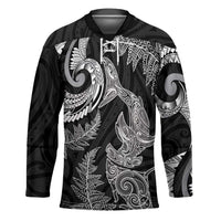 New Zealand Sea Animals with Maori Tribal Tattoo Hockey Jersey Shark Manta Ray with Silver Fern Black LT03 Unisex Black - Polynesian Pride