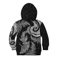 New Zealand Sea Animals with Maori Tribal Tattoo Kid Hoodie Shark Manta Ray with Silver Fern Black LT03 - Polynesian Pride
