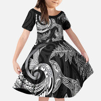 New Zealand Sea Animals with Maori Tribal Tattoo Kid Short Sleeve Dress Shark Manta Ray with Silver Fern Black LT03 KID Black - Polynesian Pride