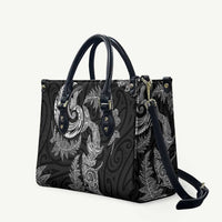 New Zealand Sea Animals with Maori Tribal Tattoo Leather Bag Shark Manta Ray with Silver Fern Black LT03 Black - Polynesian Pride