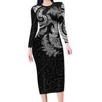 New Zealand Sea Animals with Maori Tribal Tattoo Long Sleeve Bodycon Dress Shark Manta Ray with Silver Fern Black LT03 Long Dress Black - Polynesian Pride