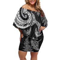 New Zealand Sea Animals with Maori Tribal Tattoo Off Shoulder Short Dress Shark Manta Ray with Silver Fern Black LT03 Women Black - Polynesian Pride