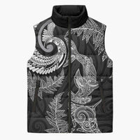 New Zealand Sea Animals with Maori Tribal Tattoo Sleeveless Puffer Jacket Shark Manta Ray with Silver Fern Black LT03 Unisex Black - Polynesian Pride