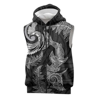 New Zealand Sea Animals with Maori Tribal Tattoo Sleeveless Zip Hoodie Shark Manta Ray with Silver Fern Black LT03 Black - Polynesian Pride